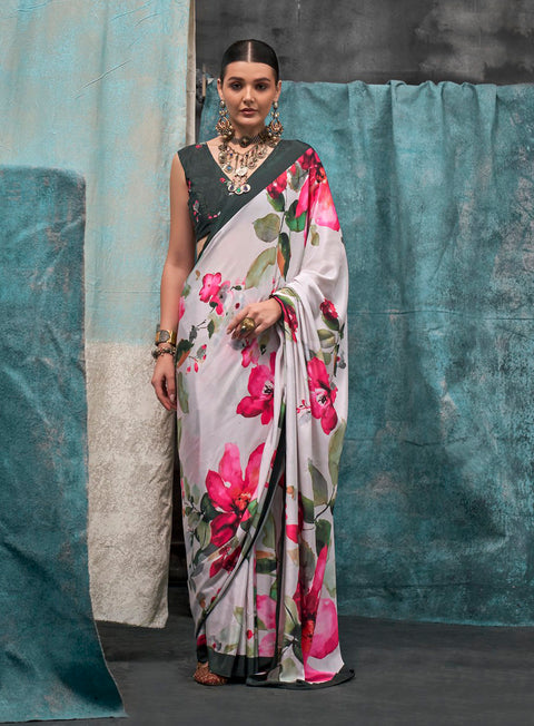 White And Green Satin Crepe Printed Silk Saree
