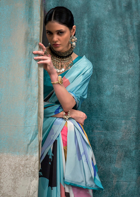 Sea Blue Satin Crepe Printed Silk Saree