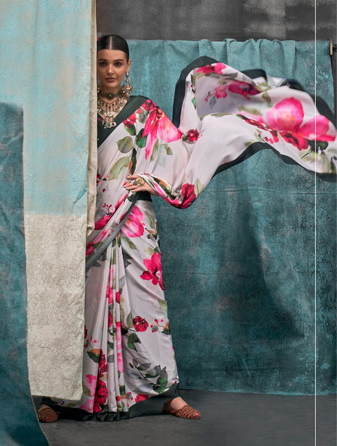 White And Green Satin Crepe Printed Silk Saree