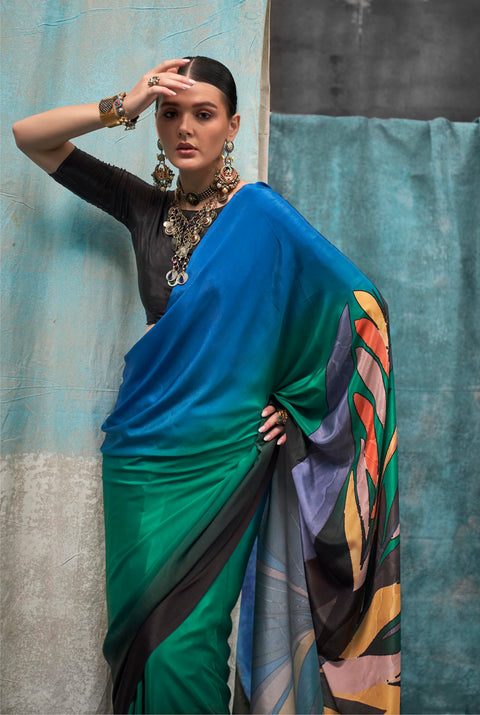 Multicolor Shaded Satin Crepe Printed Silk Saree