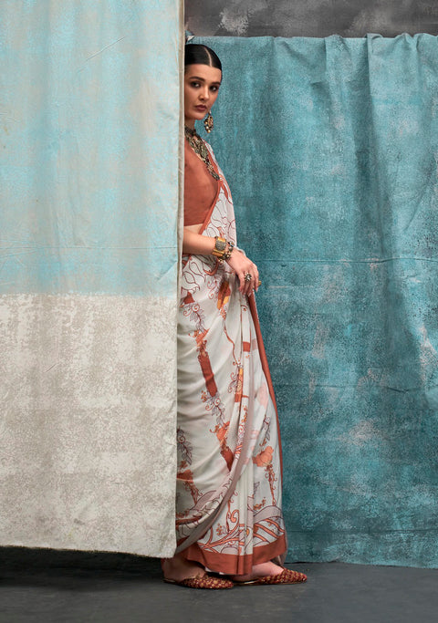 White And Brown Satin Crepe Printed Silk Saree