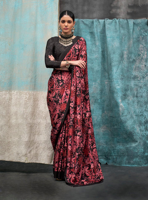 Red And Black Satin Crepe Printed Silk Saree