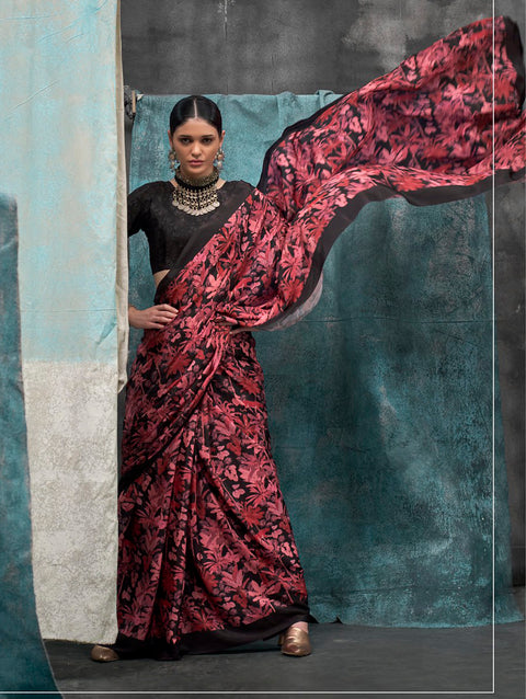 Red And Black Satin Crepe Printed Silk Saree