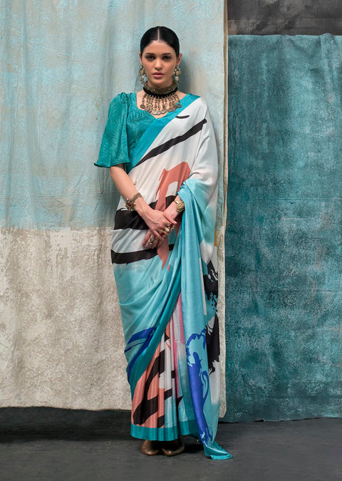Sea Blue Satin Crepe Printed Silk Saree