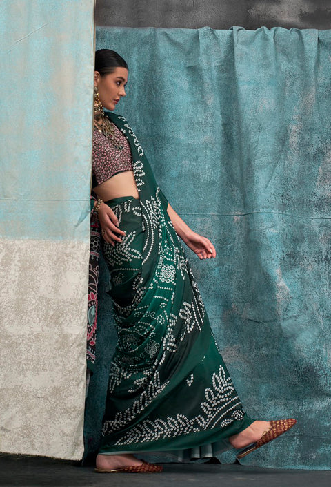 Green Satin Crepe Printed Silk Saree