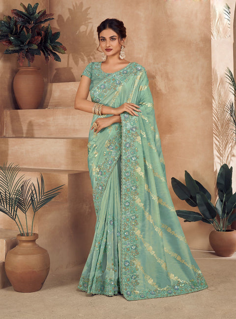 Green Tone Pink Festive Wear Silk Saree With Tassels