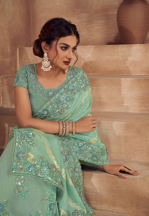 Green Tone Pink Festive Wear Silk Saree With Tassels