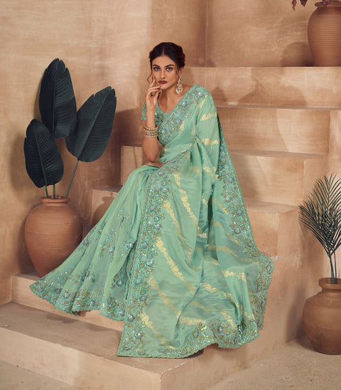 Green Tone Pink Festive Wear Silk Saree With Tassels