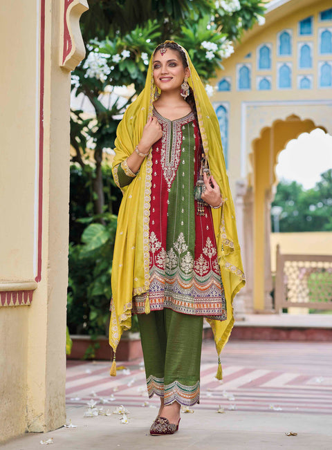 Green Embroidered Pure Silk Straight Salwar Suit