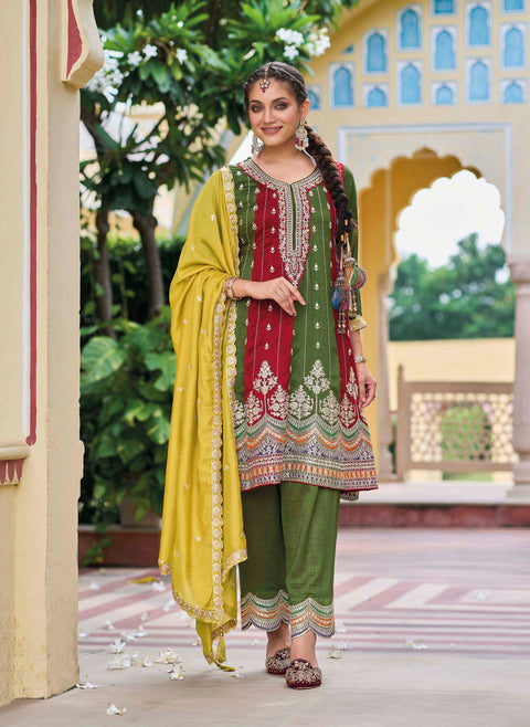 Green Embroidered Pure Silk Straight Salwar Suit