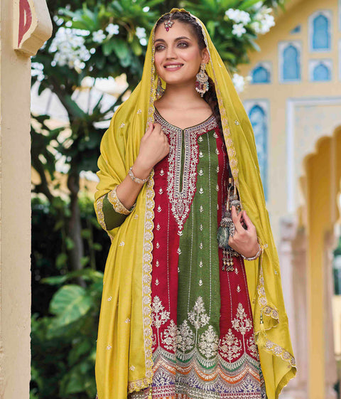 Green Embroidered Pure Silk Straight Salwar Suit