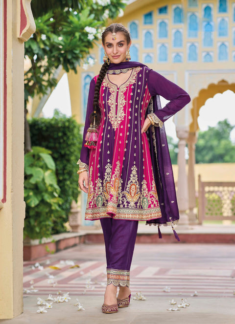 Purple Embroidered Pure Silk Straight Salwar Suit