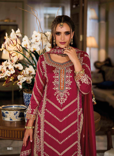 Maroon Partywear Designer Embroidered Silk Palazzo Suit