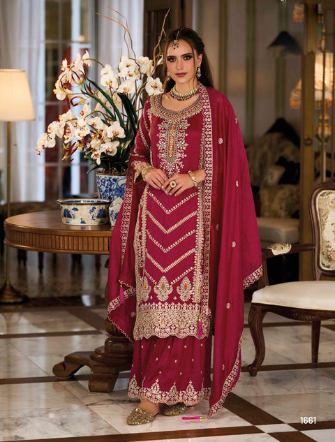 Maroon Partywear Designer Embroidered Silk Palazzo Suit