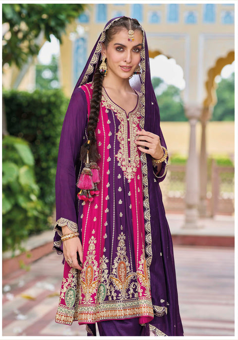 Purple Embroidered Pure Silk Straight Salwar Suit