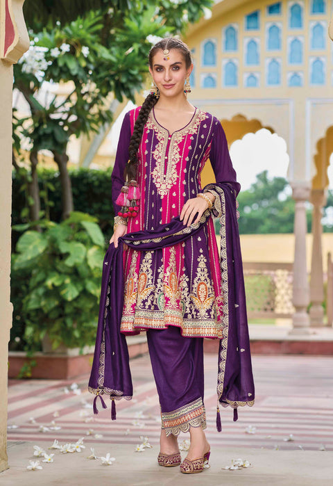 Purple Embroidered Pure Silk Straight Salwar Suit