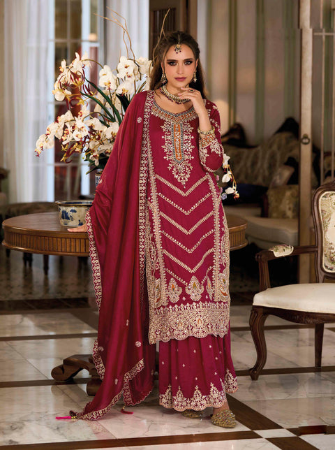Maroon Partywear Designer Embroidered Silk Palazzo Suit