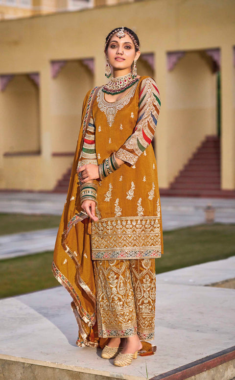 Mustard Embroidered Pure Silk Straight Salwar Suit