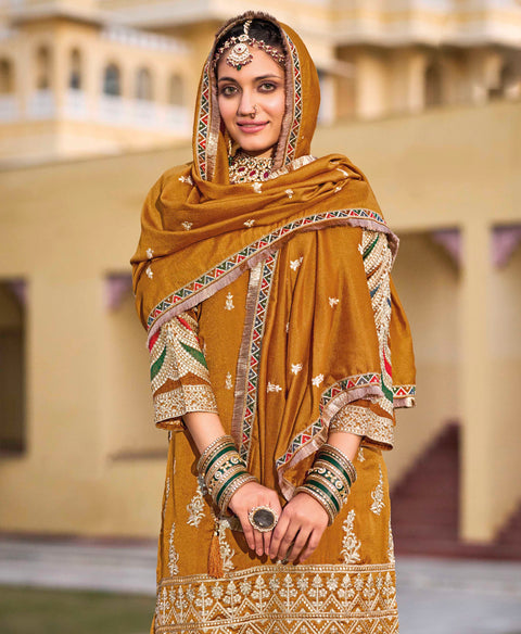 Mustard Embroidered Pure Silk Straight Salwar Suit