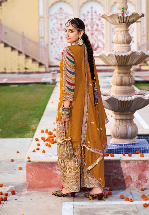 Mustard Embroidered Pure Silk Straight Salwar Suit