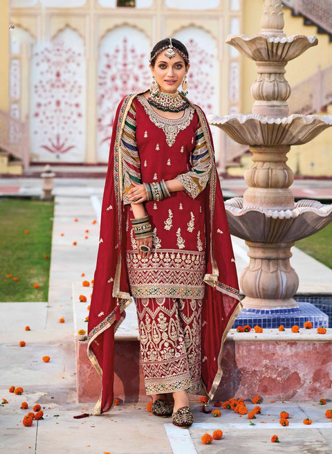 Red Embroidered Pure Silk Straight Salwar Suit