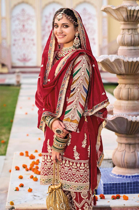 Red Embroidered Pure Silk Straight Salwar Suit