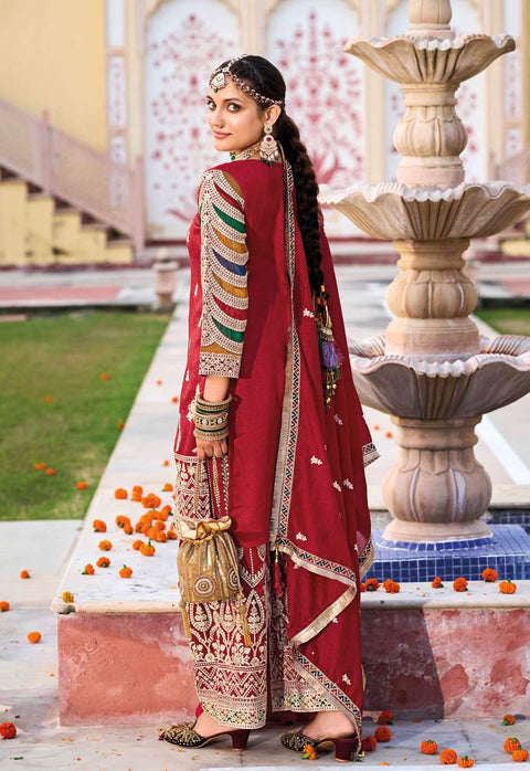 Red Embroidered Pure Silk Straight Salwar Suit