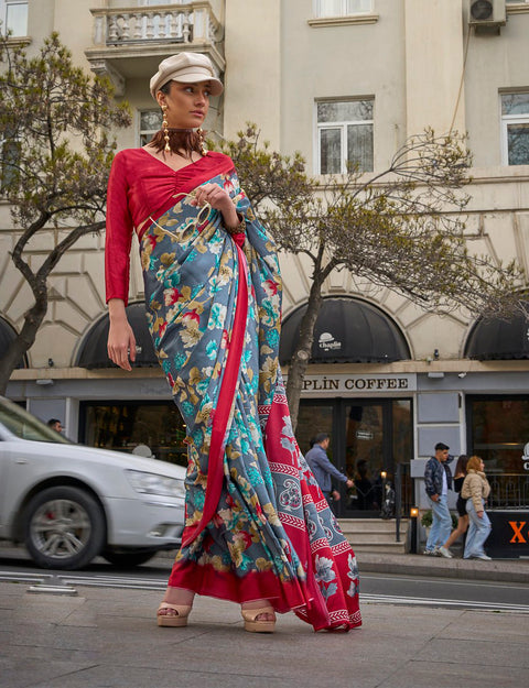 Floral Blue and Red Satin Crepe Printed Saree