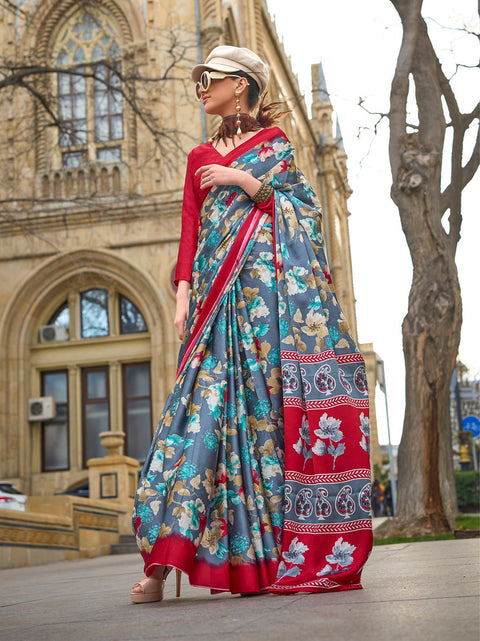 Floral Blue and Red Satin Crepe Printed Saree