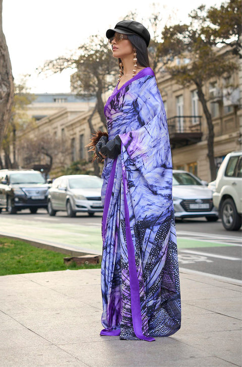 Purple Satin Crepe Printed Saree