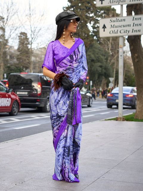 Purple Satin Crepe Printed Saree