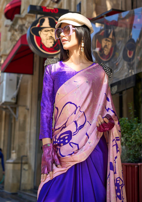 Pink And Purple Satin Crepe Printed Saree