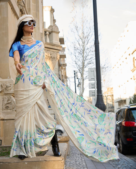 Pearl White And Blue Satin Crepe Printed Saree