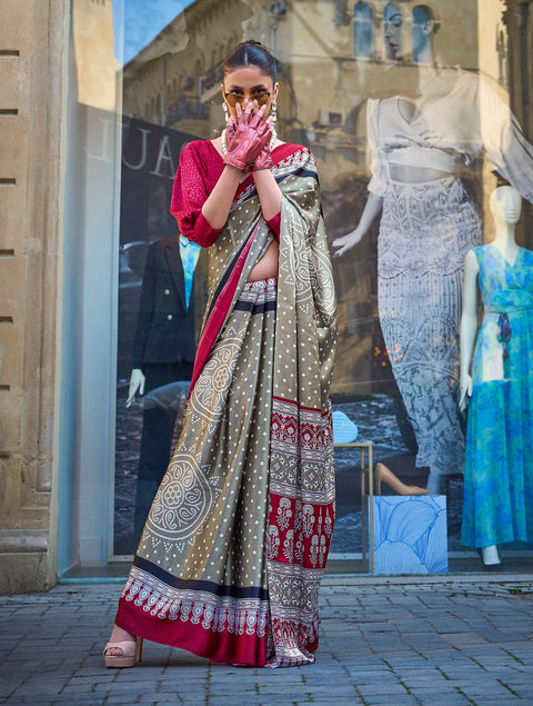 Stone Grey Satin Crepe Printed Saree