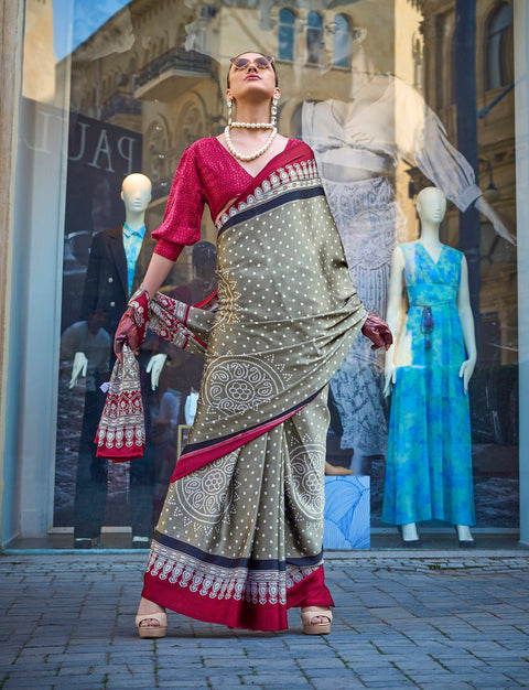 Stone Grey Satin Crepe Printed Saree