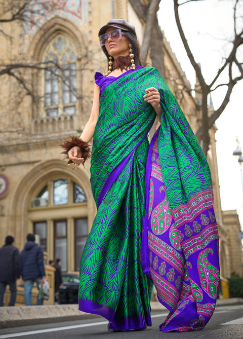Peacock Blue And Green Satin Crepe Printed Saree