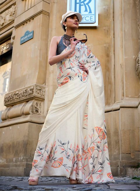 White Satin Crepe Printed Saree