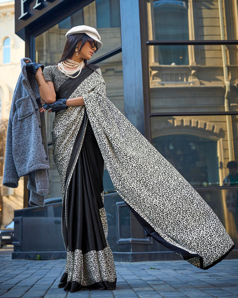 White And Black Satin Crepe Printed Saree