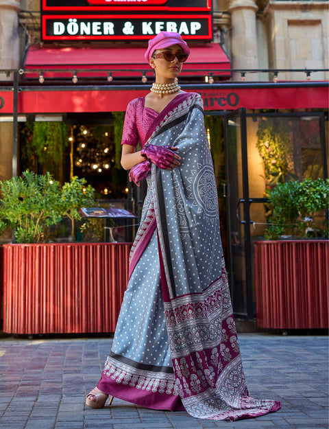 Grey and Purple Satin Crepe Printed Saree