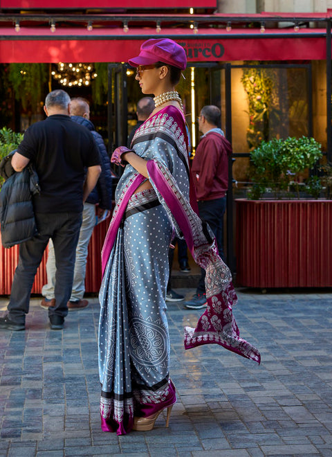 Grey and Purple Satin Crepe Printed Saree