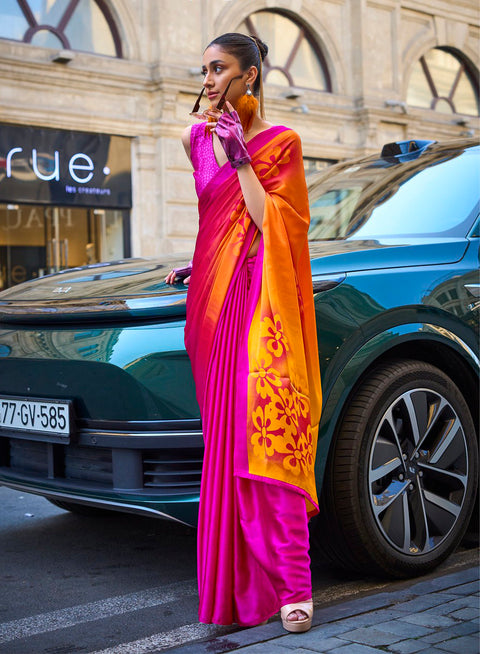 Rose Pink And Yellow Satin Crepe Printed Saree