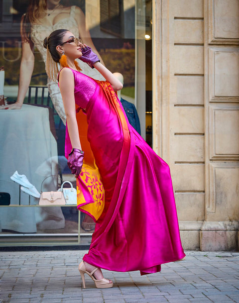 Rose Pink And Yellow Satin Crepe Printed Saree