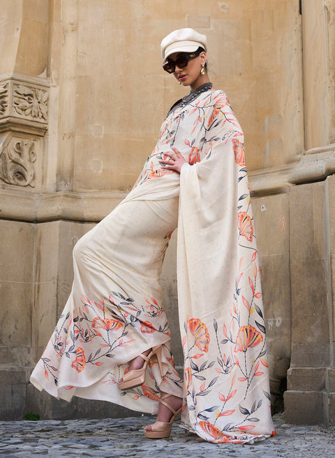 White Satin Crepe Printed Saree