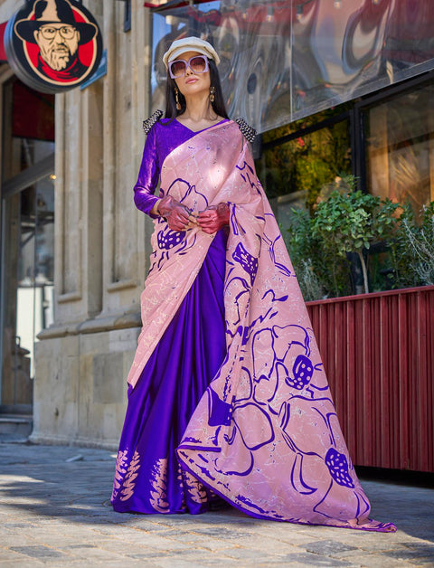 Pink And Purple Satin Crepe Printed Saree