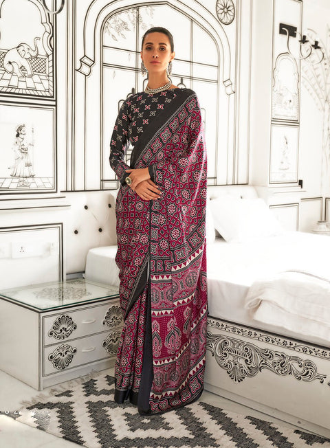 Purple Satin Crepe Printed Saree