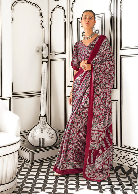 Maroon Red Satin Crepe Printed Saree