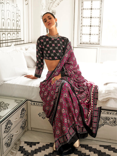 Purple Satin Crepe Printed Saree