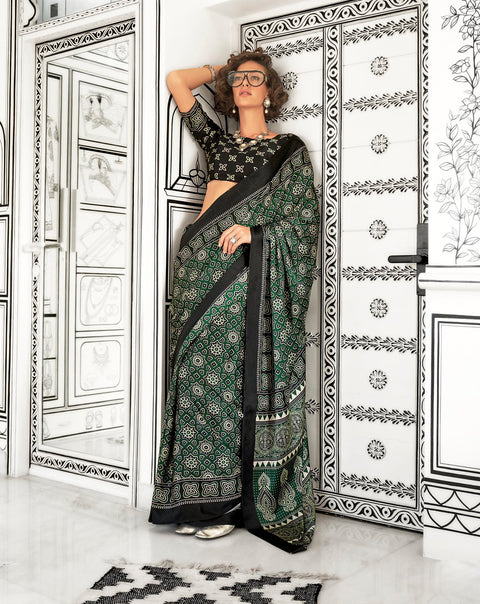 Green Satin Crepe Printed Saree