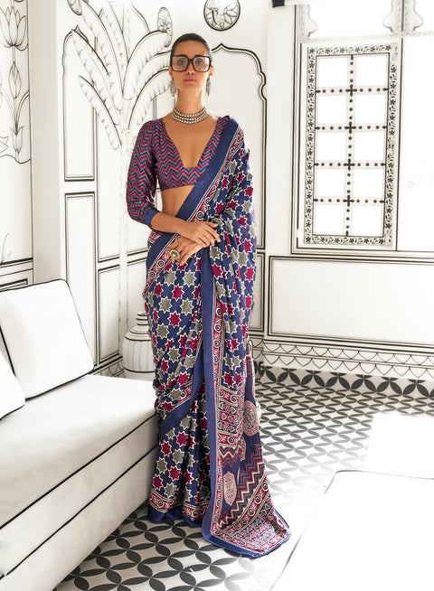 Blue Satin Crepe Printed Saree