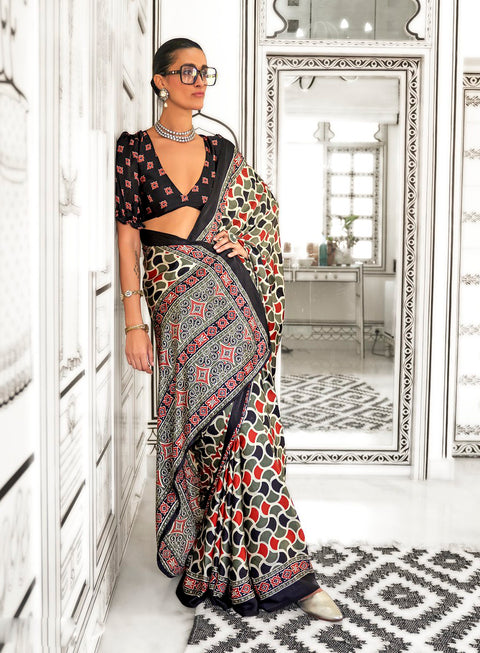 Grey And Black Satin Crepe Printed Saree